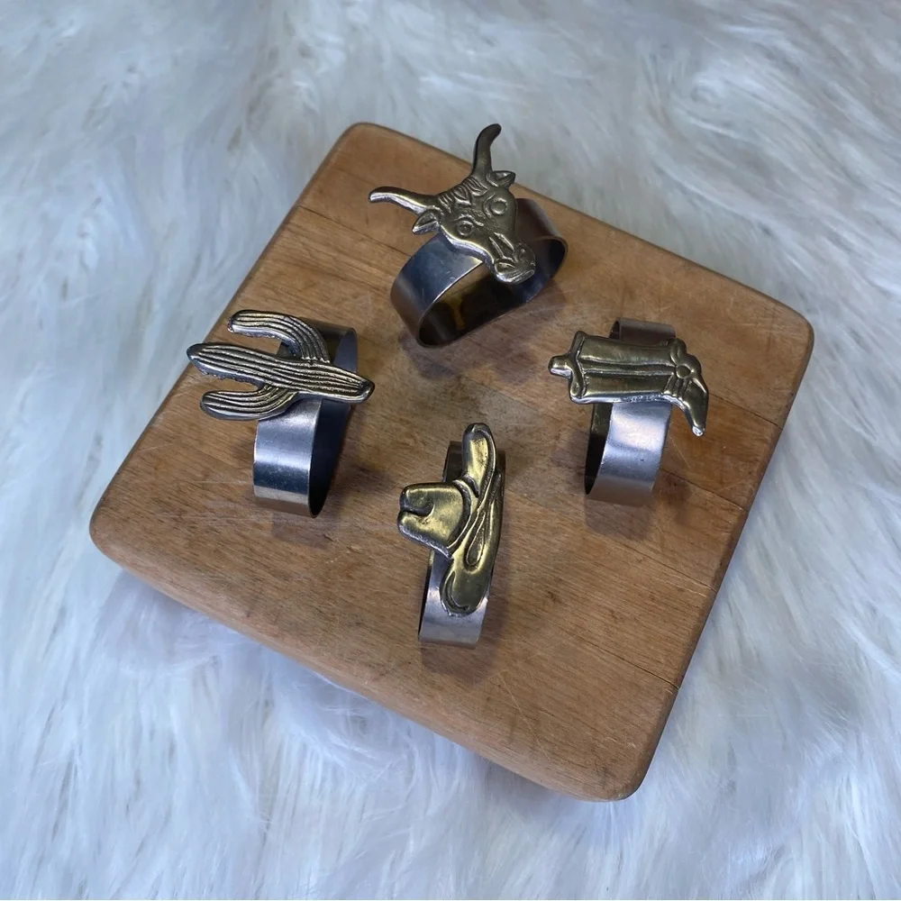 4 Silver Metal Western Cowboy Hat Desert Cactus Boots Napkin Rings